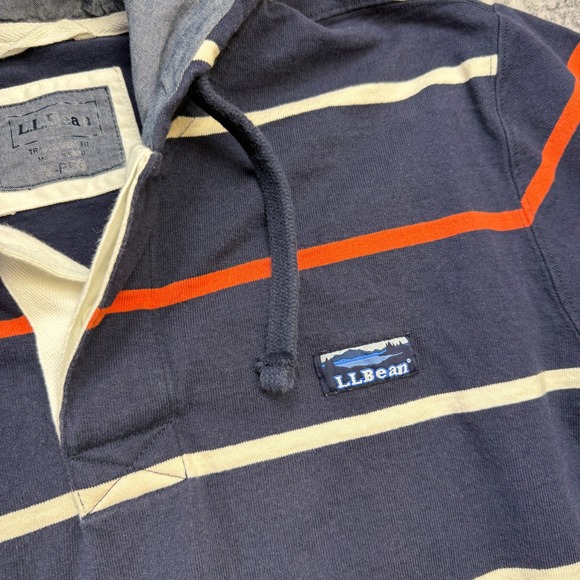 LL Bean Rugby Hoodie Men Medium Navy Blue Striped Lakewashed Pullover Sweatshirt - Picture 6 of 10